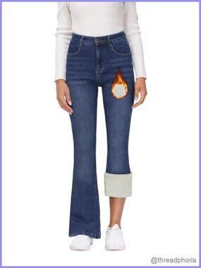 Women's Bootcut Fleece Lined Jeans High Waisted Warm Bell Bottom Jeans